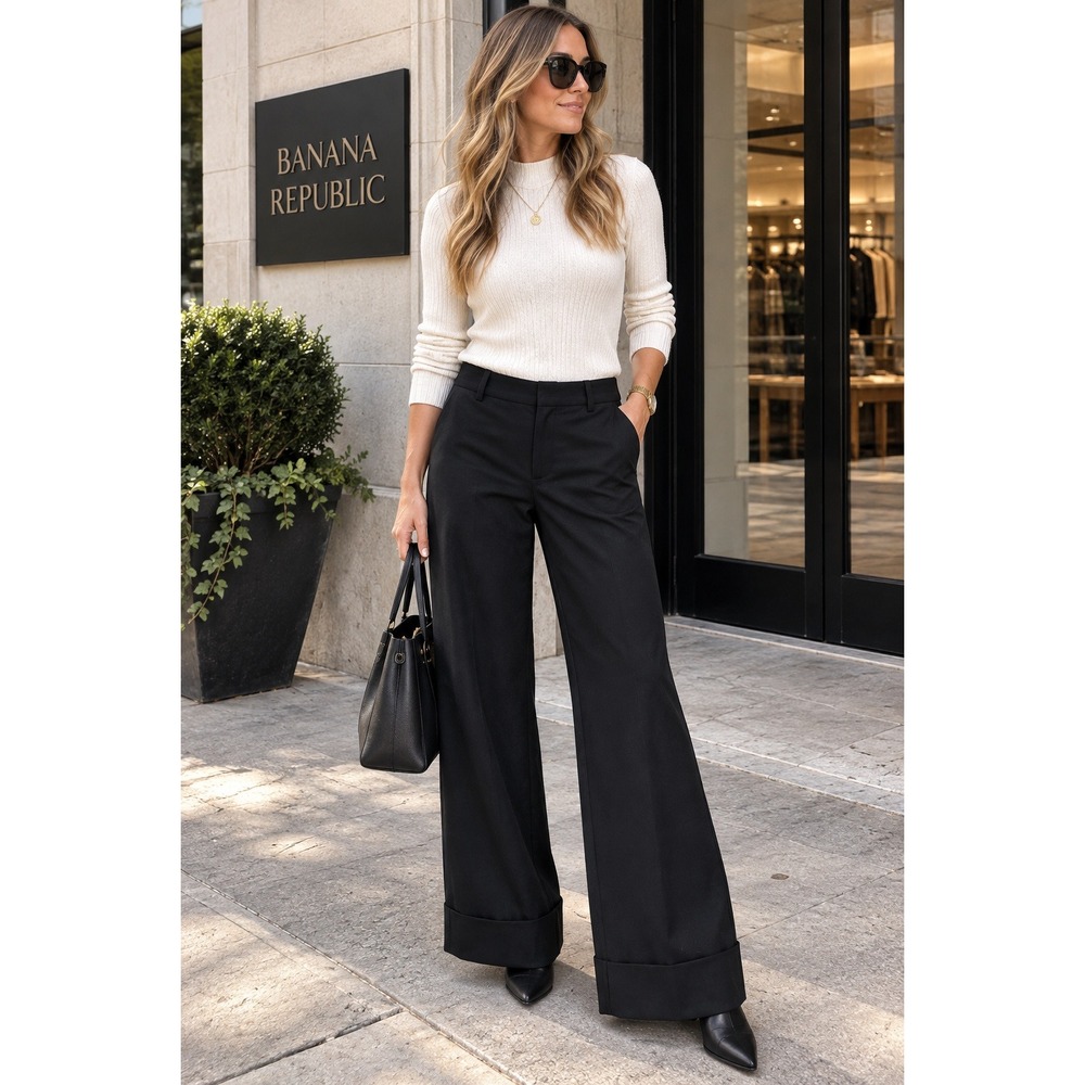 Banana Republic Wool Blend Wide Leg Cuffed Trousers Black Size 6 Y2K